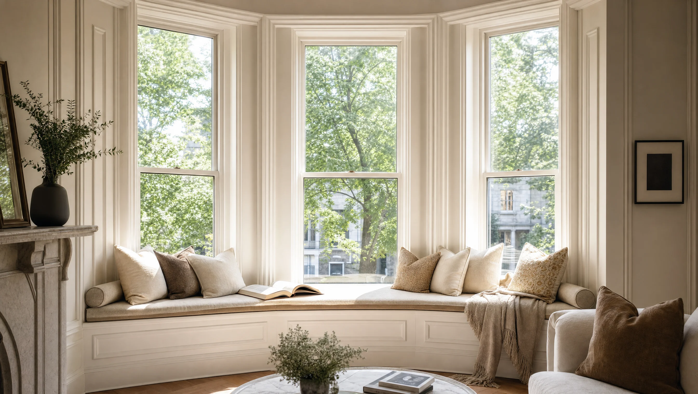 Fenêtre en baie élégante avec banquette donnant sur la verdure montréalaise en lumière matinale