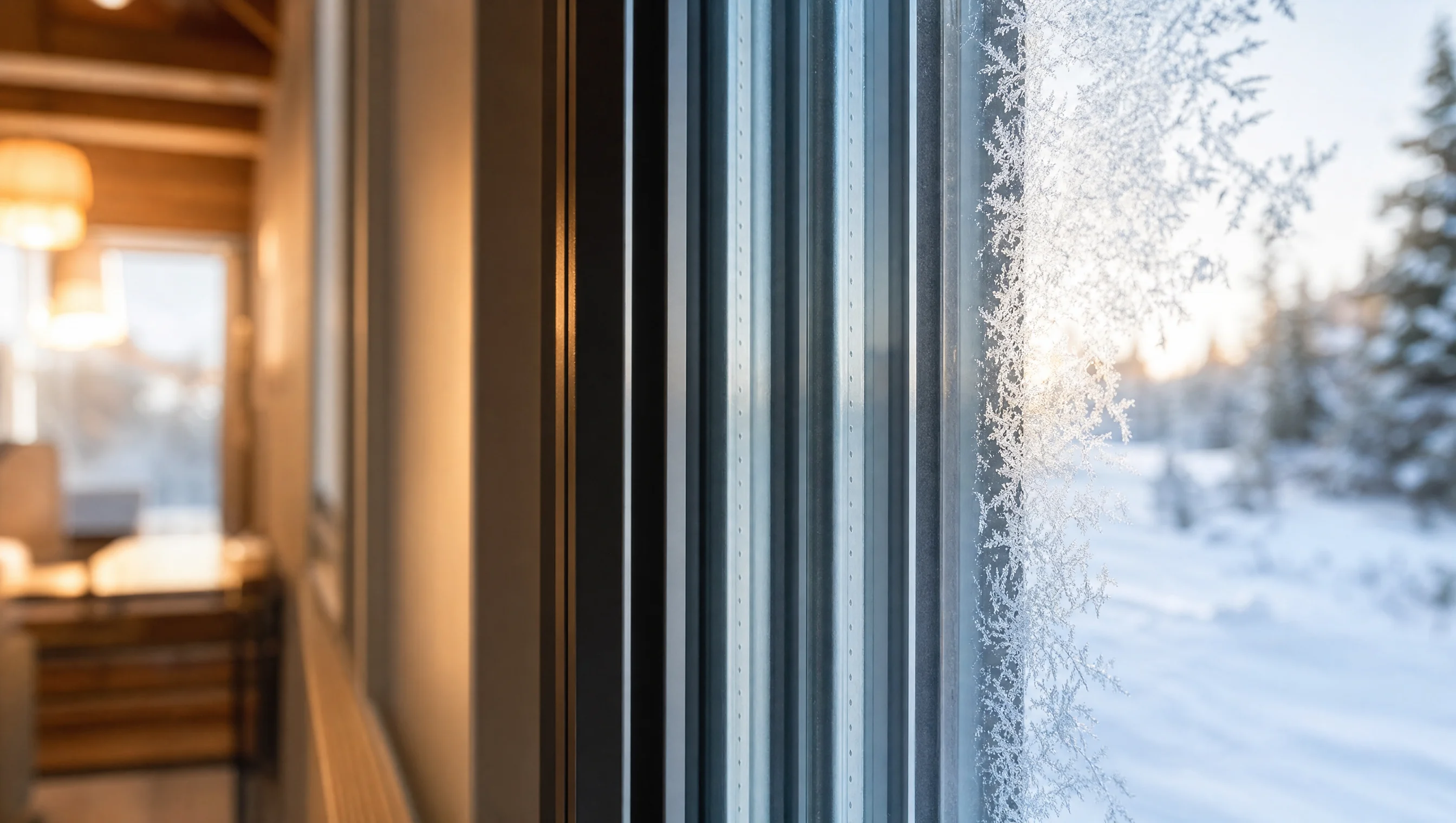 Gros plan d’une fenêtre à triple vitrage avec givre hivernal à l’extérieur