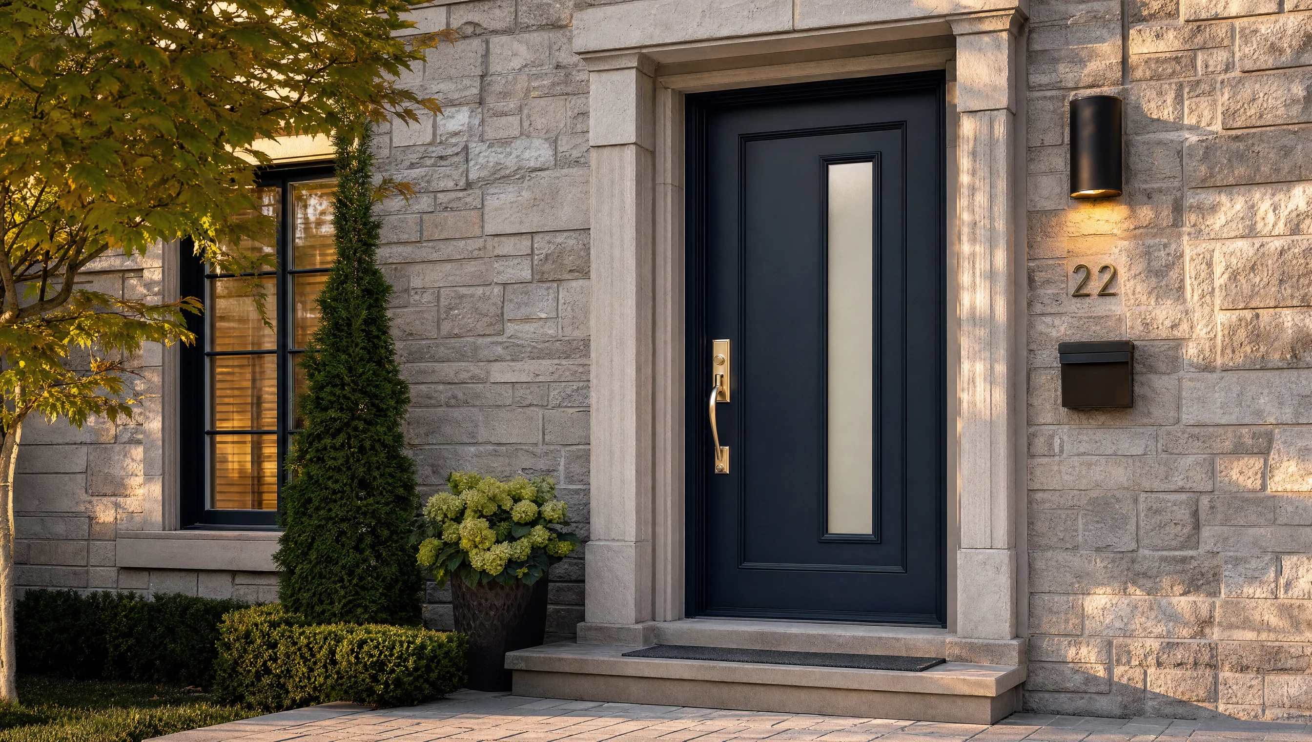 Élégante porte d'entrée bleu marine avec insert en verre givré sur une maison québécoise