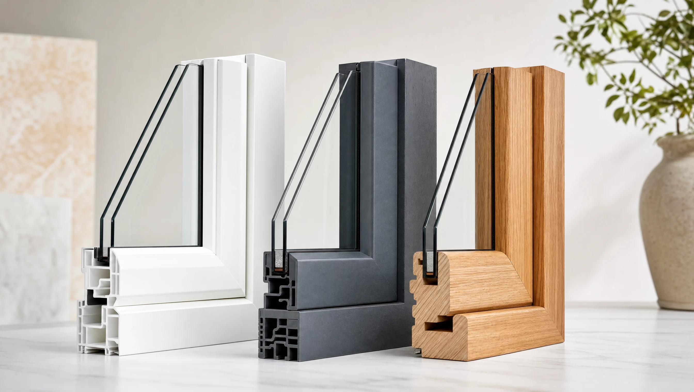 Trois échantillons de coins de cadre côte à côte : PVC blanc, fibre de verre foncée et bois naturel