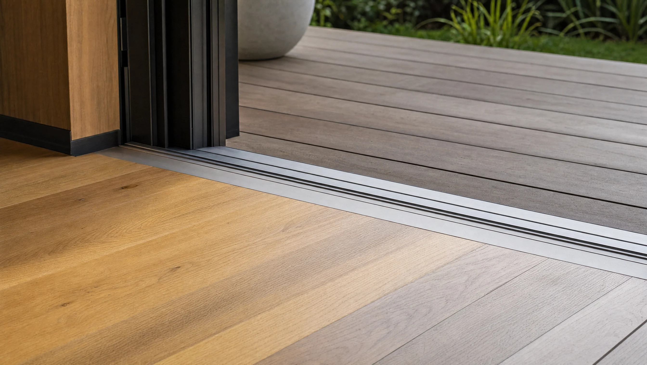Détail d'un seuil de porte patio accessible bas reliant l'intérieur à la terrasse extérieure