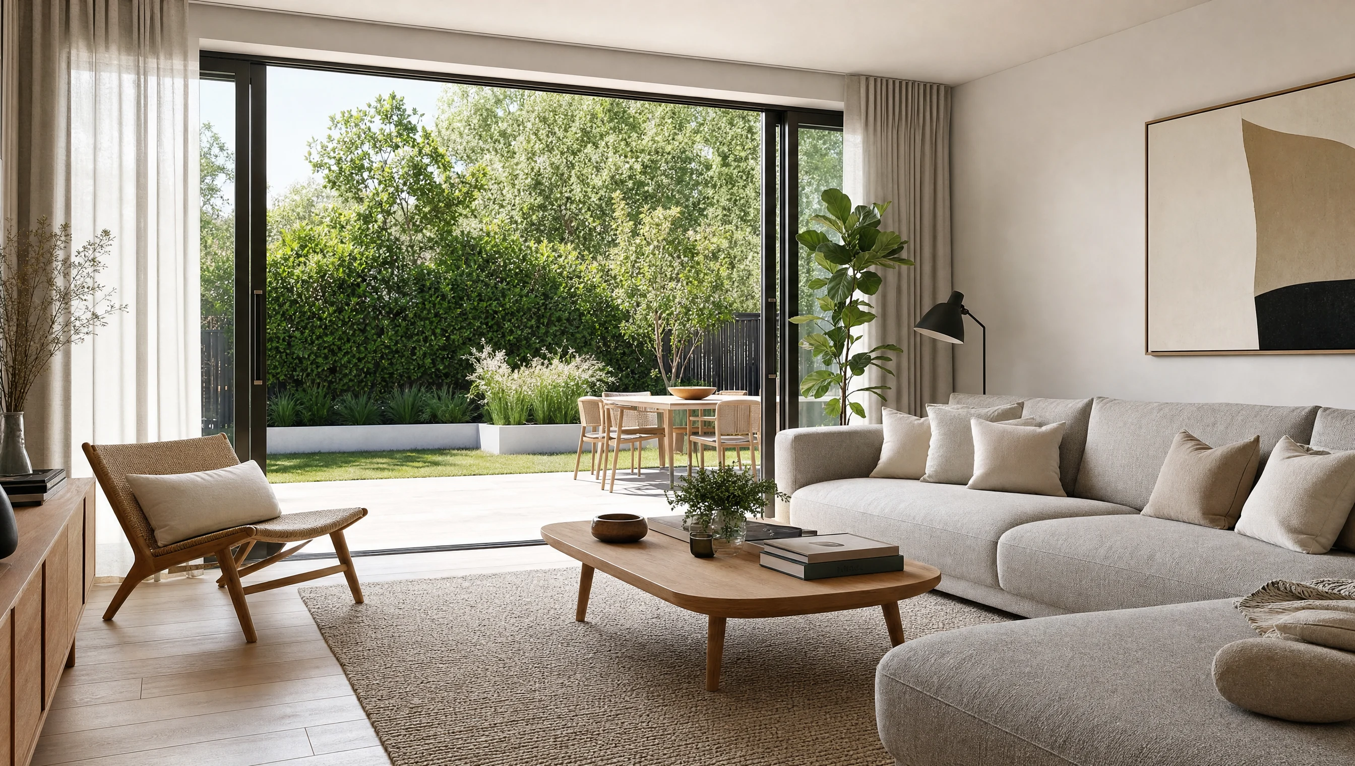 Salon moderne avec grande porte patio coulissante ouverte sur un jardin ensoleillé au Québec