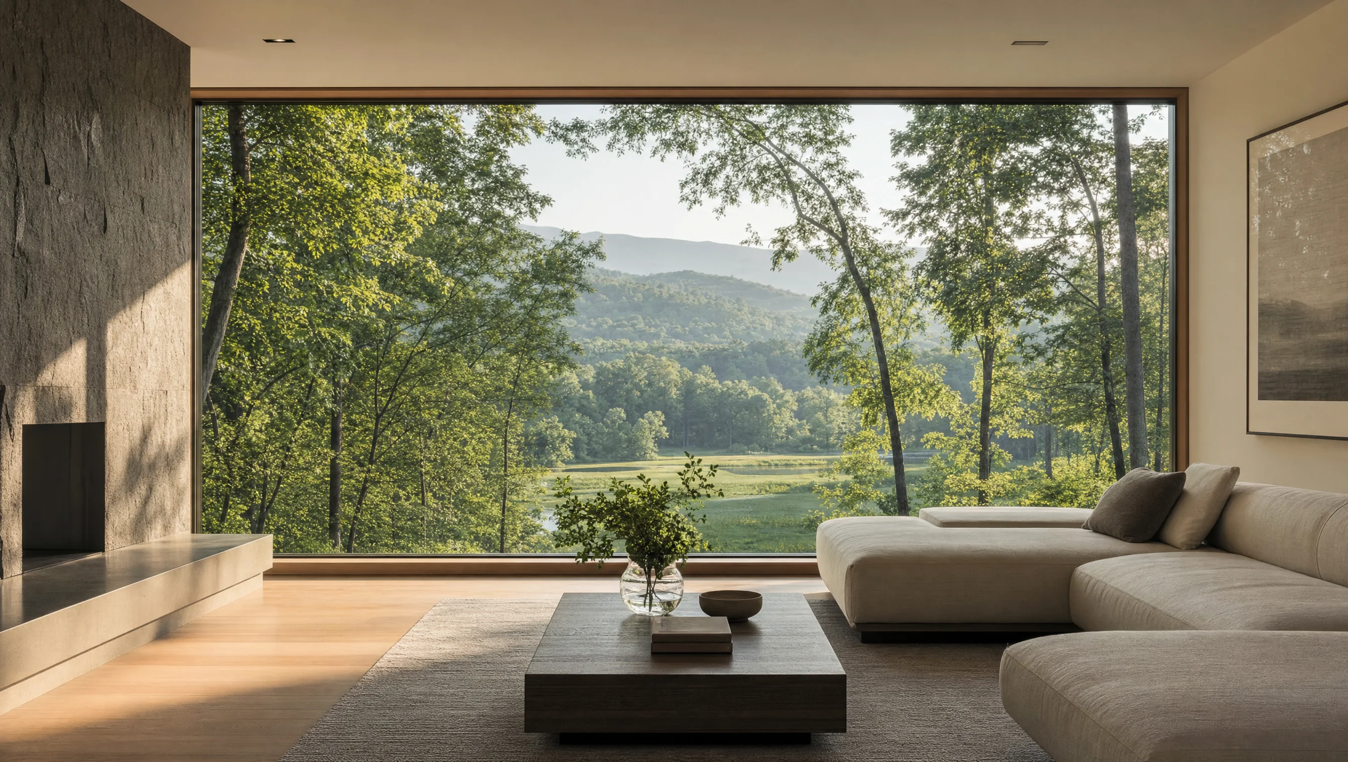 Grande fenêtre panoramique du sol au plafond encadrant une vue magnifique dans une maison québécoise