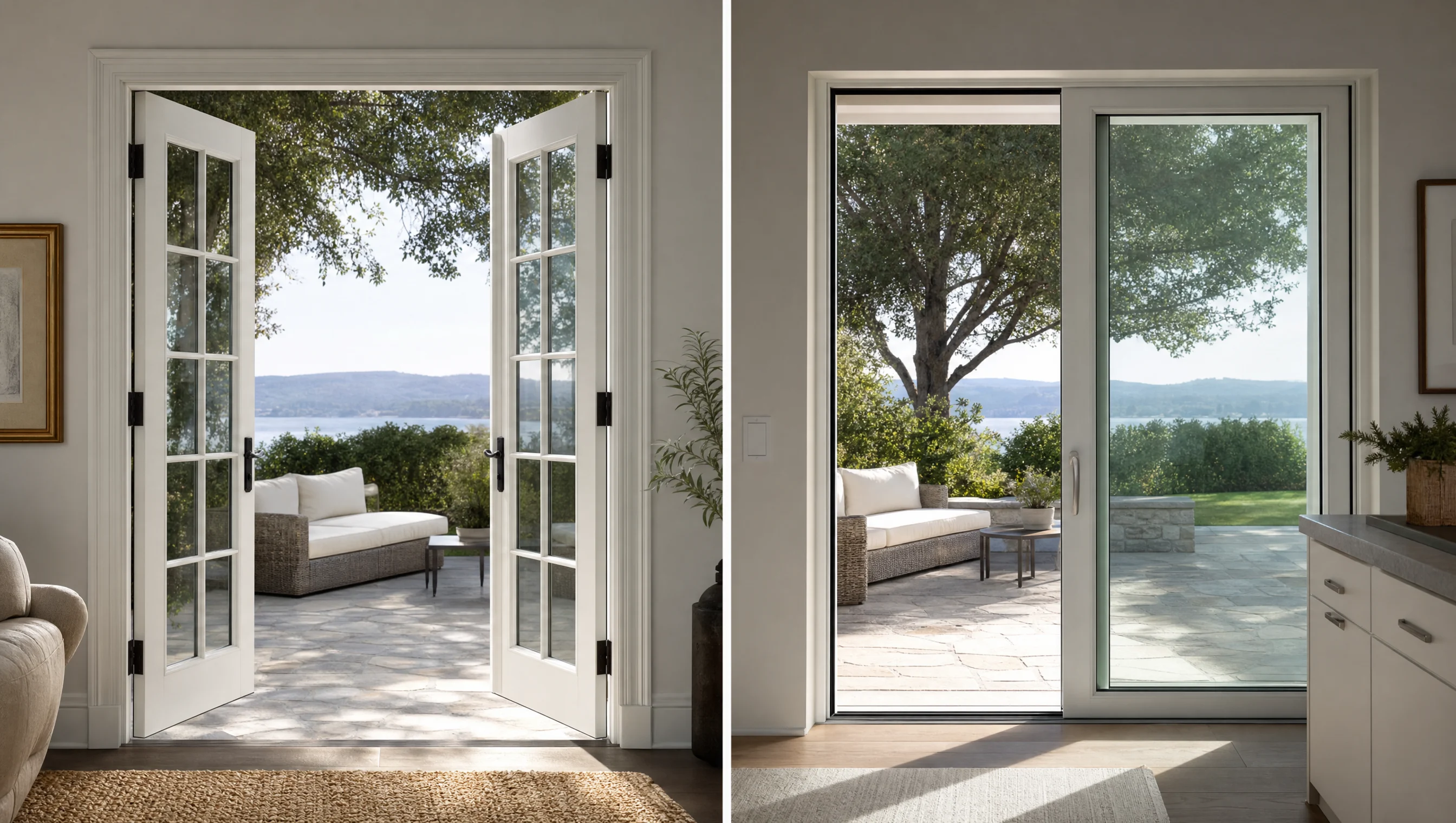 Comparaison de portes patio françaises et coulissantes dans un intérieur québécois moderne