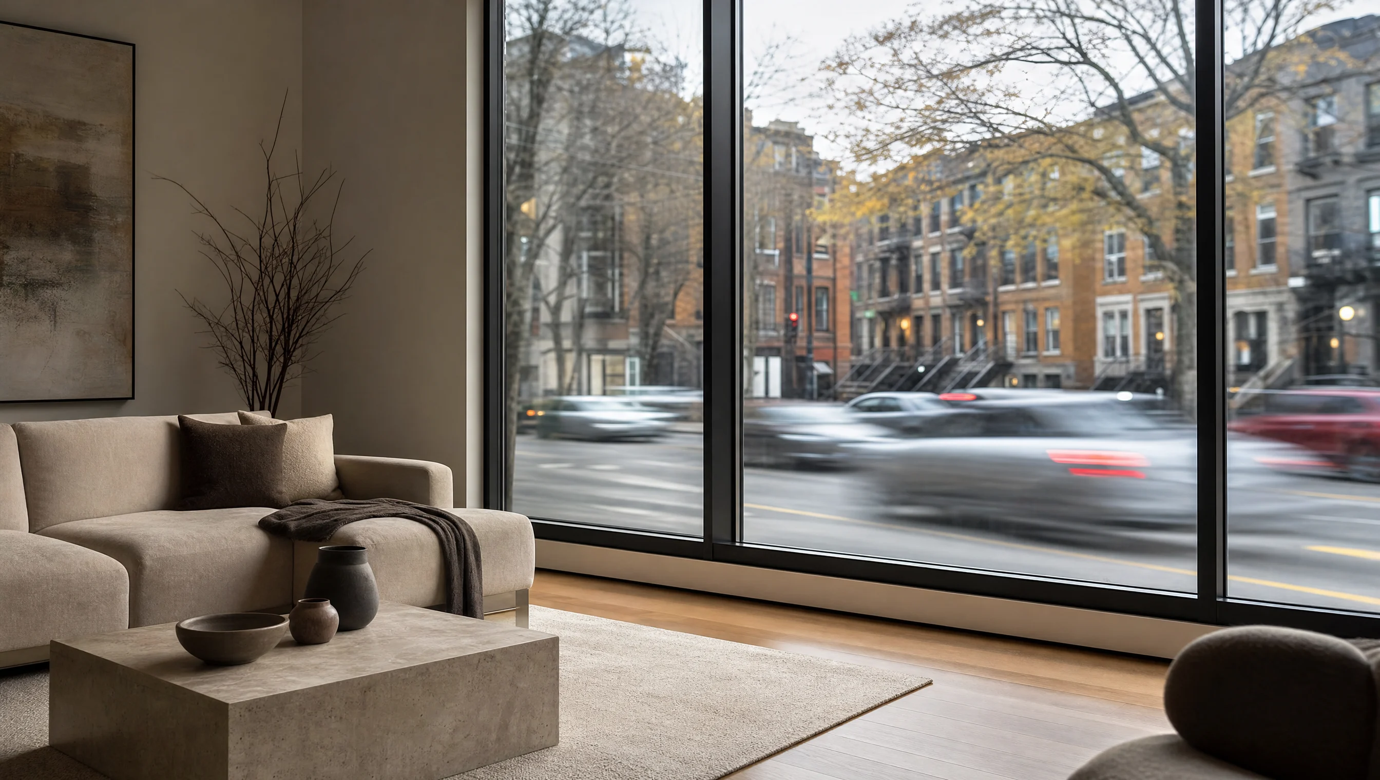 Appartement moderne calme avec grandes fenêtres insonorisantes face à une rue montréalaise animée