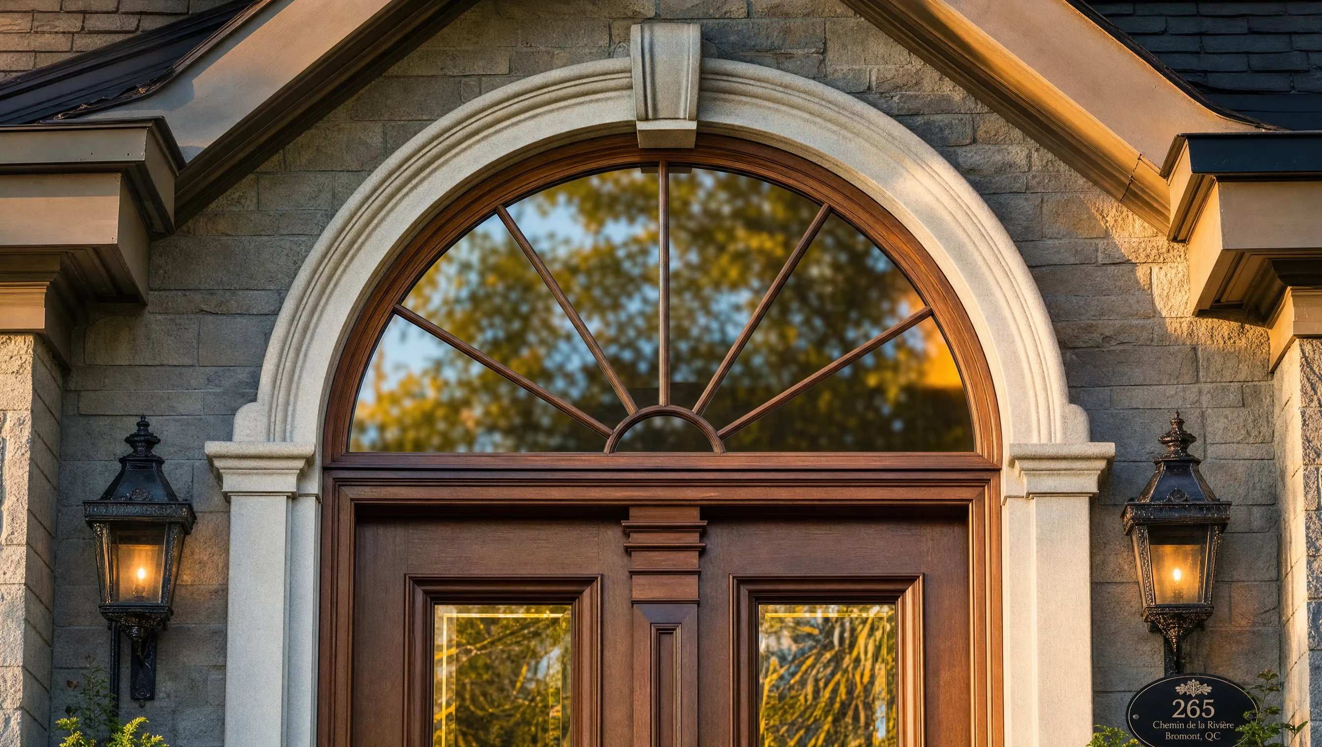 Élégante fenêtre arquée en demi-cercle au-dessus de l'entrée d'une maison québécoise raffinée