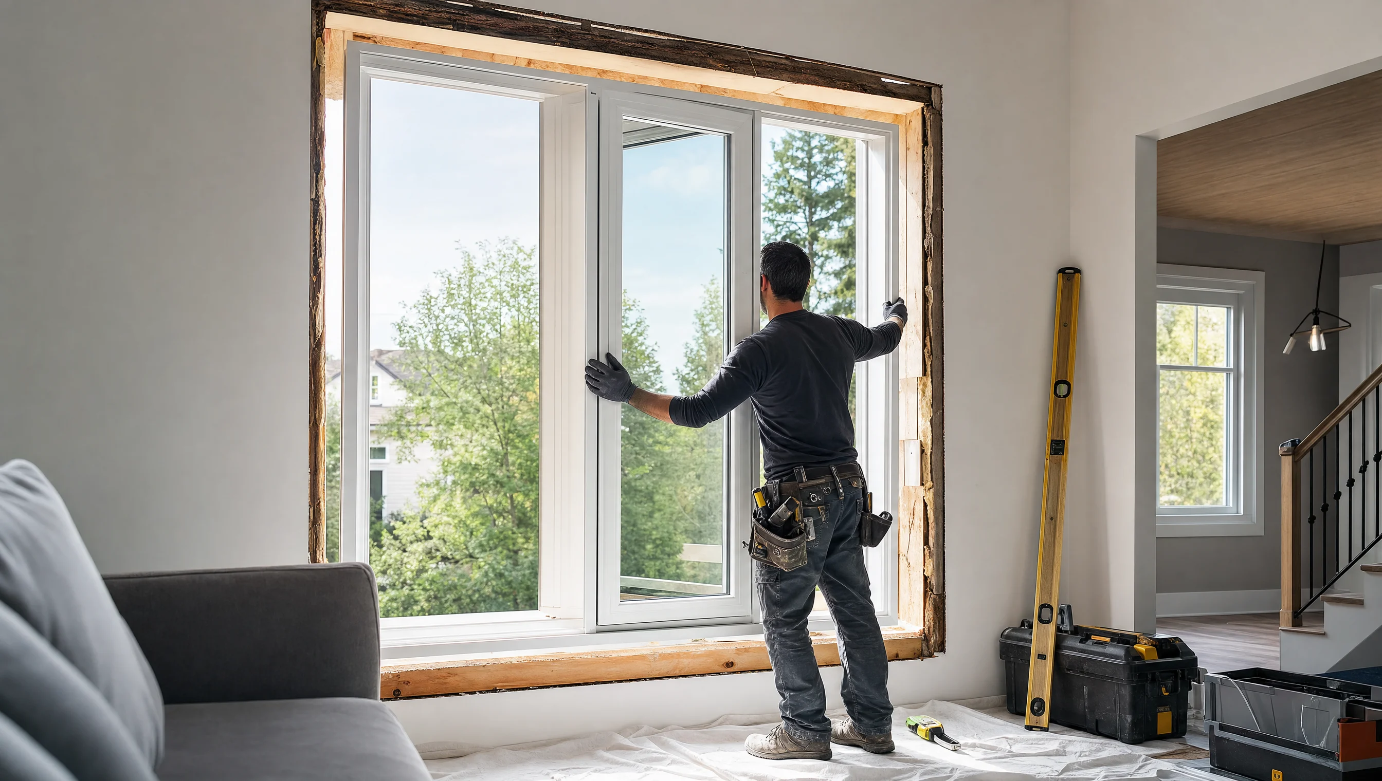 Installateur professionnel posant une fenêtre blanche moderne dans une maison québécoise en rénovation