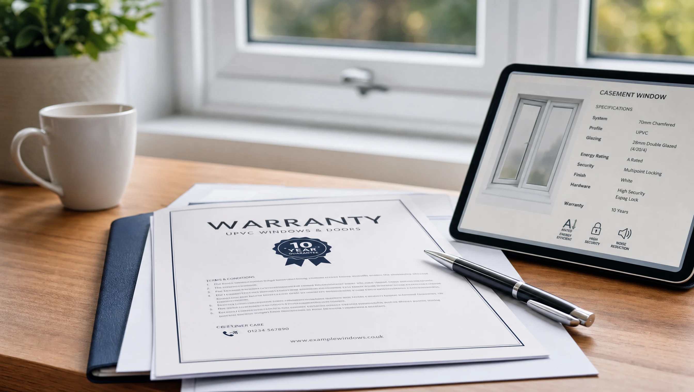 Main examinant les documents de garantie de fenêtre à côté d'une fenêtre UPVC blanche